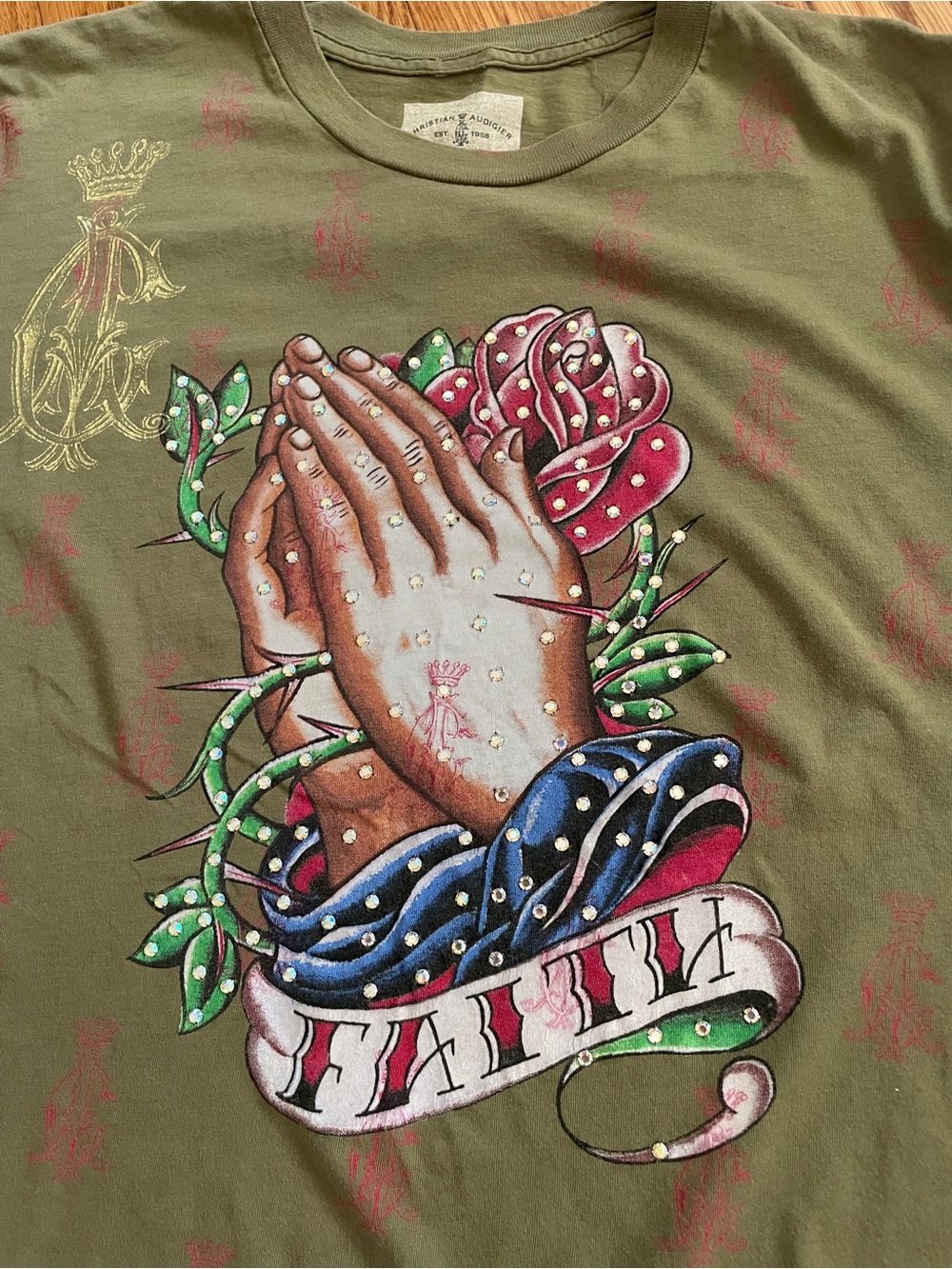 Christian Audigier Y2K Graphic Prayer Hands rhinestone tshirt XL